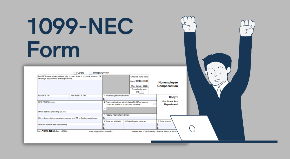 Blank 1099-NEC form for print and the image of the man with the computer